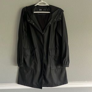 Zara Black snap button hooded Raincoat size small